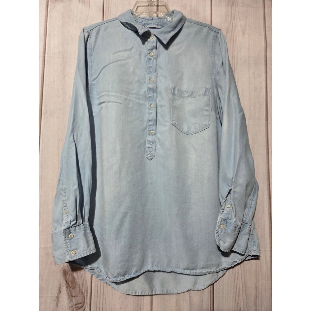Merona Womens XXL Light Wash Chambray Lyocell Henley Long Sleeve Tunic Blouse